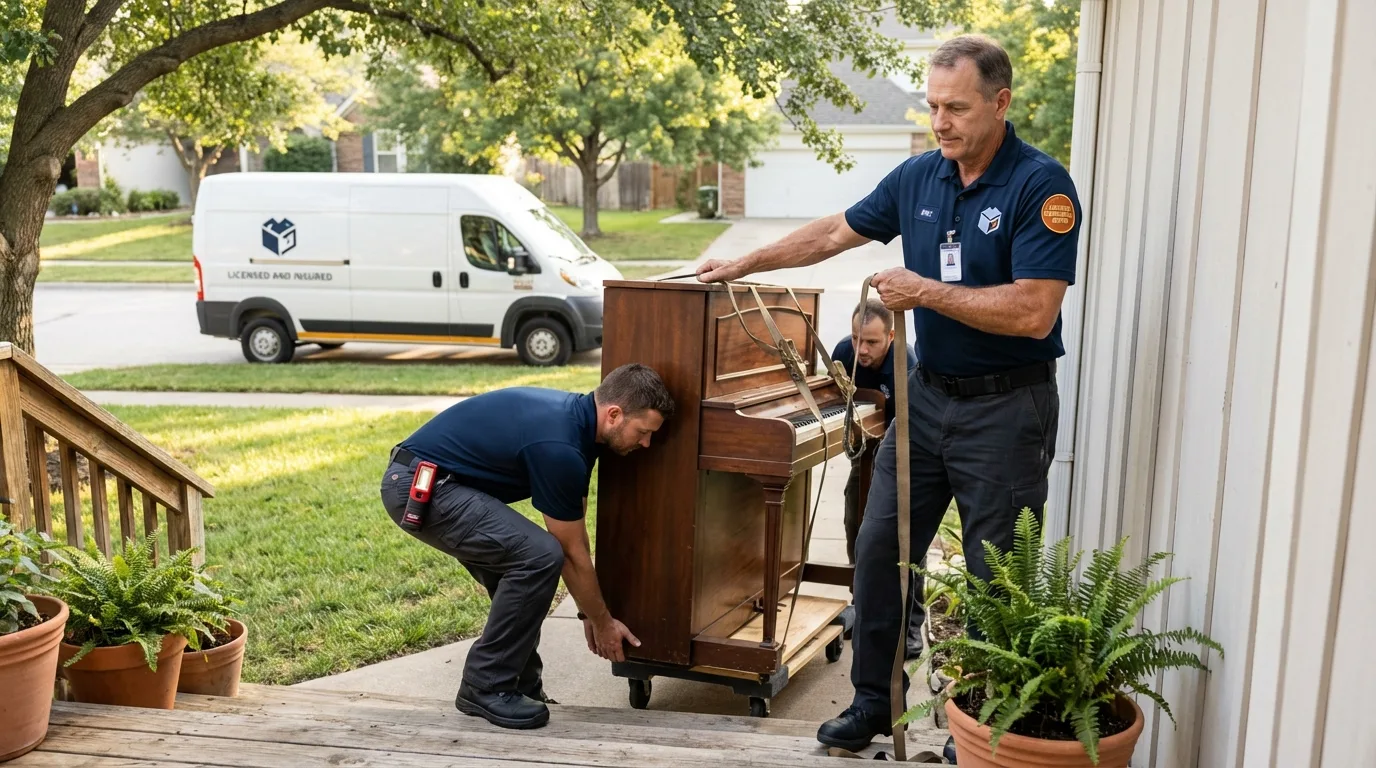 Licensed piano movers securing grand piano in Chester, MT