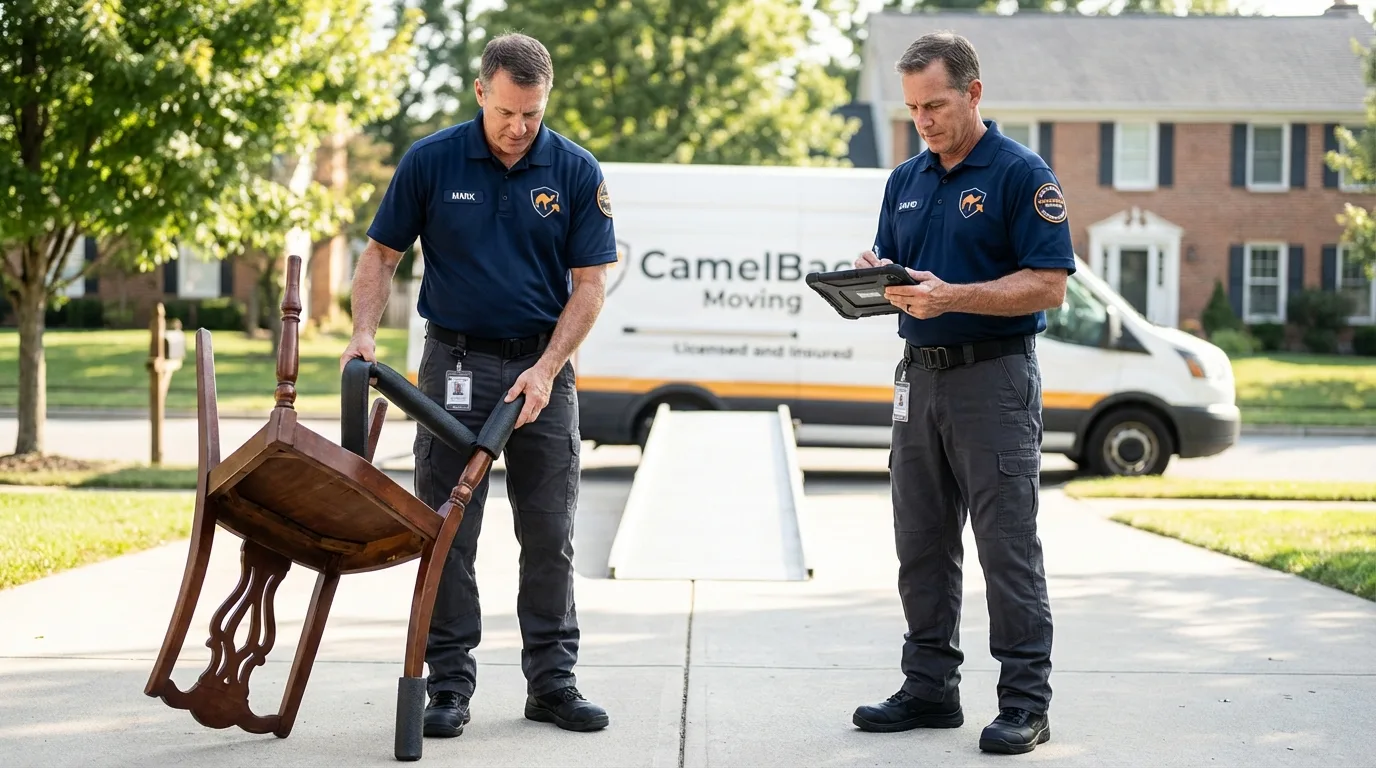 Movers inspecting furniture for damage prevention before loading in Chester, MT